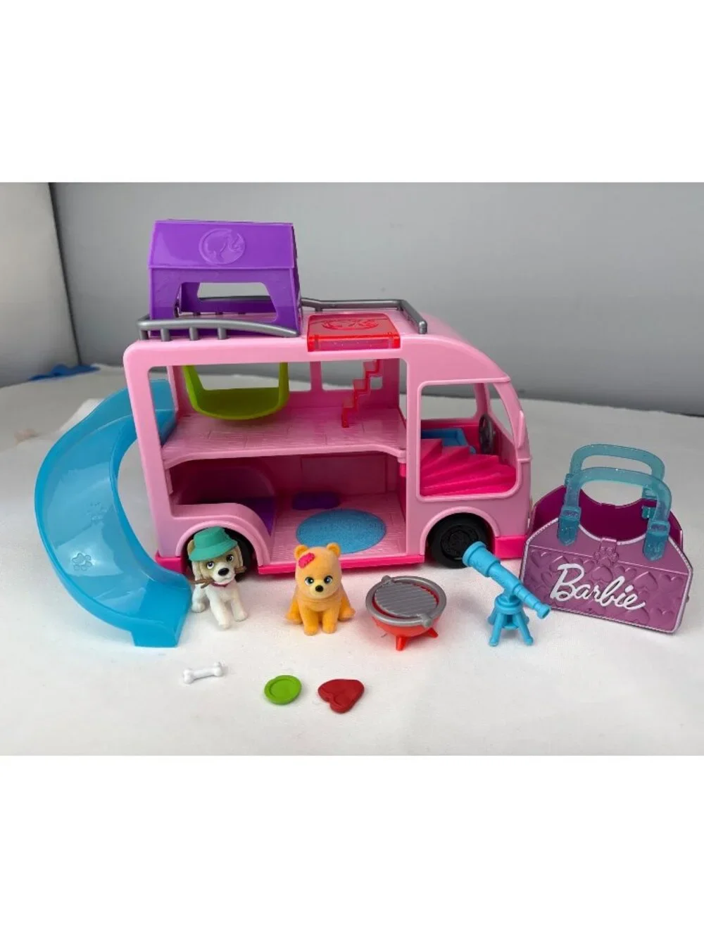 Barbie Pet Camper Playset w/ Accessories Figures Pink Slide Grill Pup Fun
